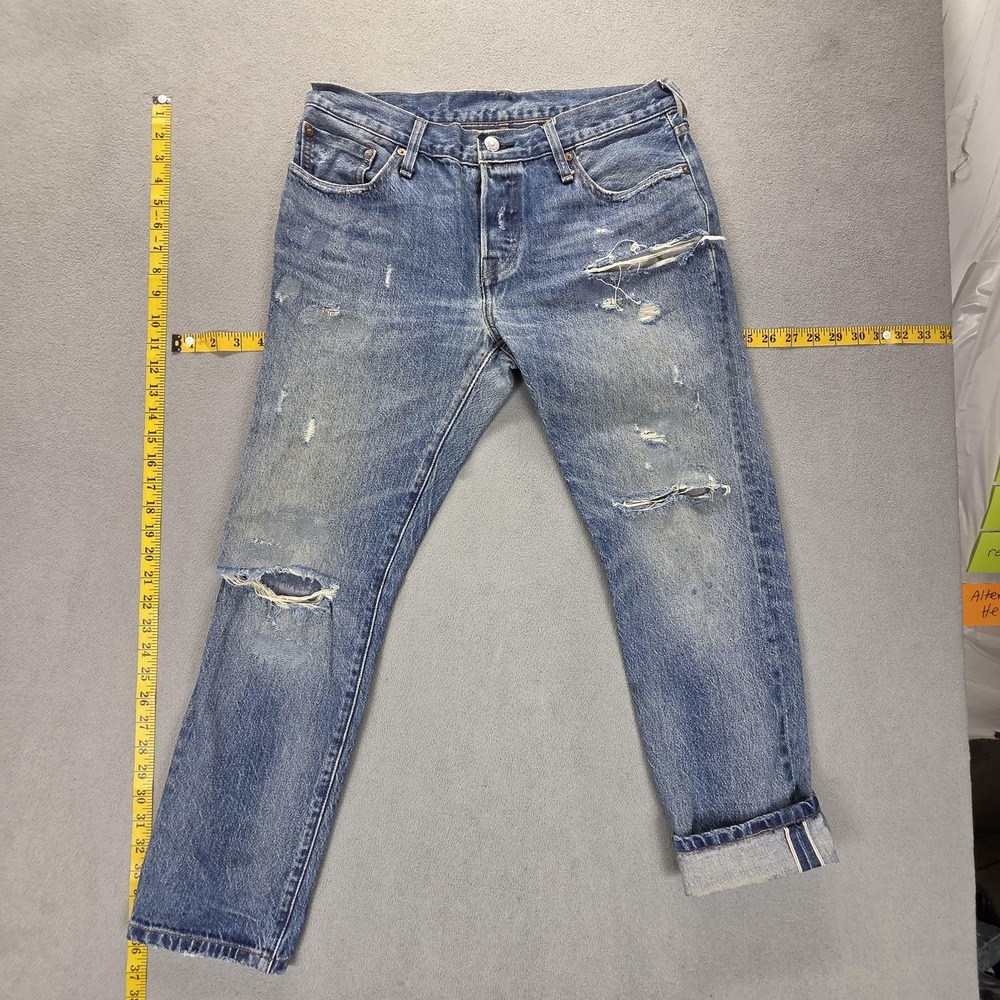Levis 501 Jeans Mens Blue Selvedge Thrashed Honeycomb Whiskers Fits 30x28
